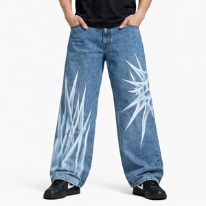 MENS CROWN OF THORNS WIDE LEG BAGGY JEANS SIZE 36x32 HAND PAINTED by DELIRIA
